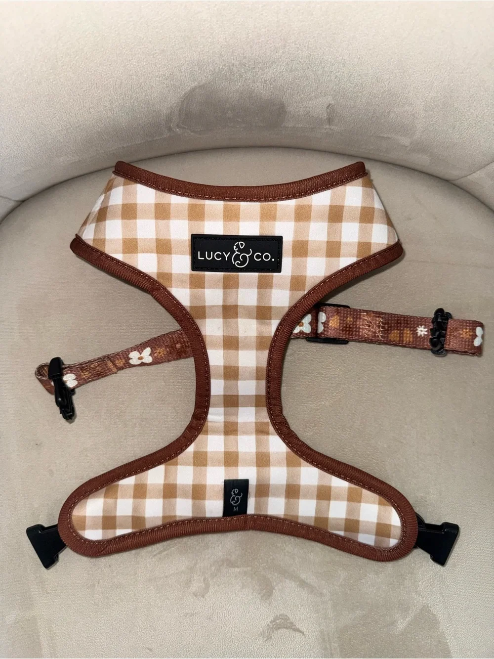 Lucy & Co. Chocolate Meadows Brown Floral Gingham Reversible Dog Harness Medium